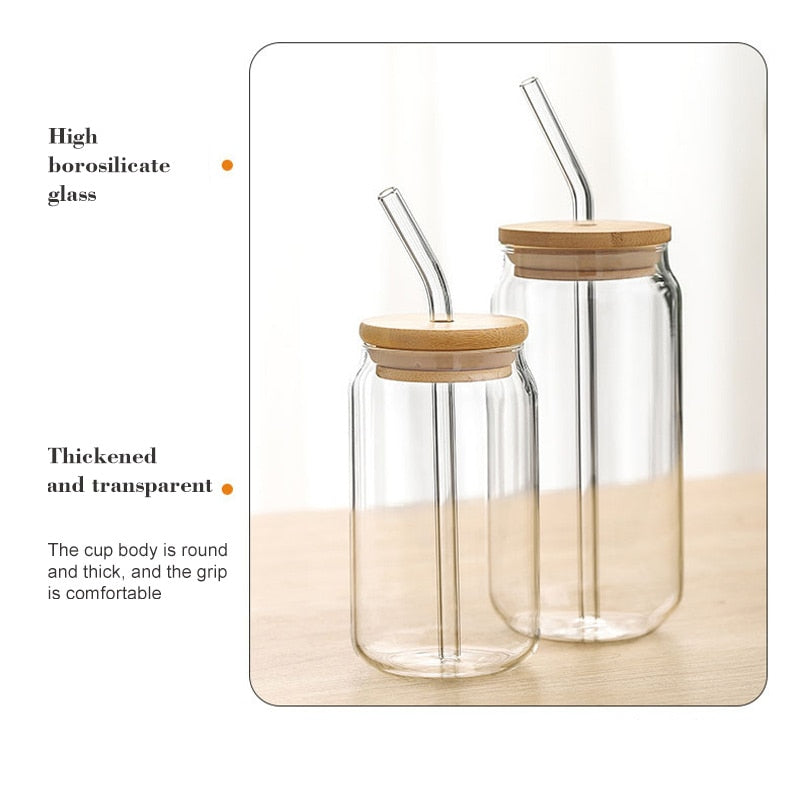 400ml/550ml Glass Cups With Straws and Solid Wood Lids