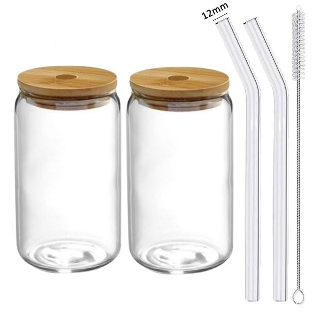 400ml/550ml Glass Cups With Straws and Solid Wood Lids