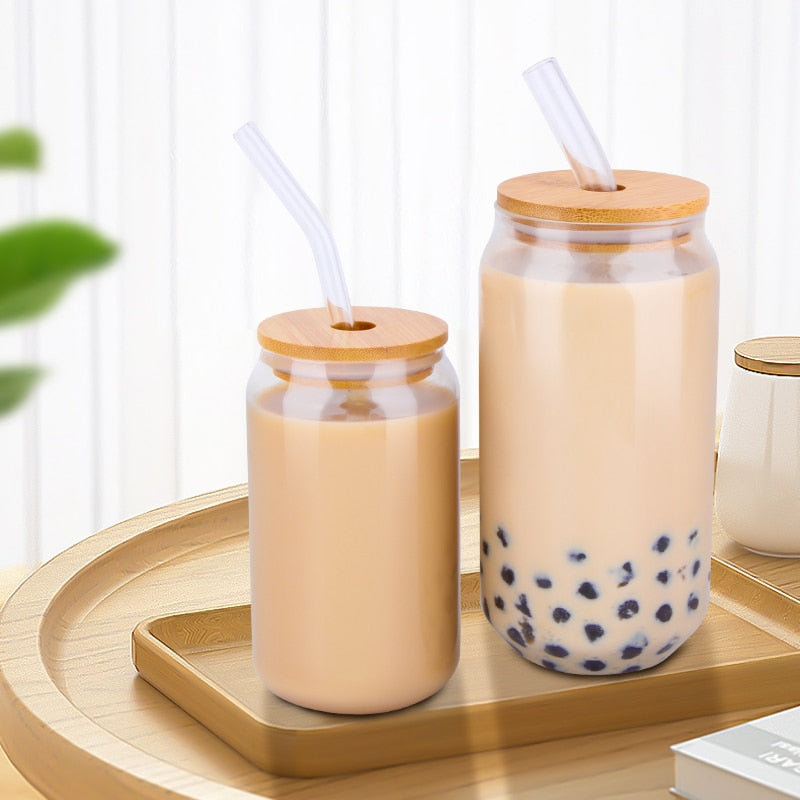 400ml/550ml Glass Cups With Straws and Solid Wood Lids