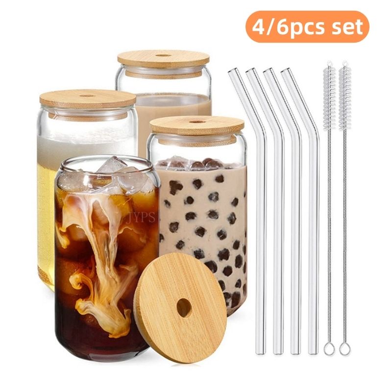 400ml/550ml Glass Cups With Straws and Solid Wood Lids